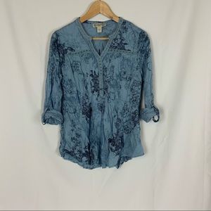 Vintage America Blue Blouse with Embroidery + Floral Details Long Sleeve Sz S